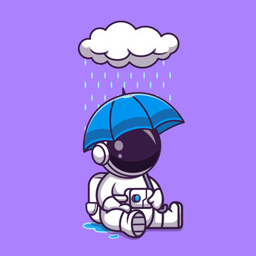 Cute Astronaut Holding Umbrella In Rain Cartoon