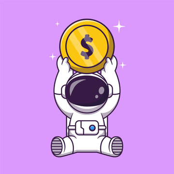 Cute Astronaut Lifting Gold Coin Cartoon