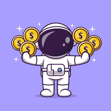 Cute Astronaut Holding Gold Coin Cartoon 