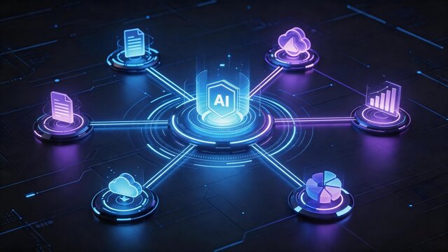 AI workflow hub connecting analytics cloud and business automation nodes