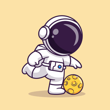 Cute Astronaut Playing Soccer With Moon Ball Cartoon 