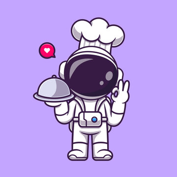 Cute Astronaut Chef Holding Serving Food Cartoon