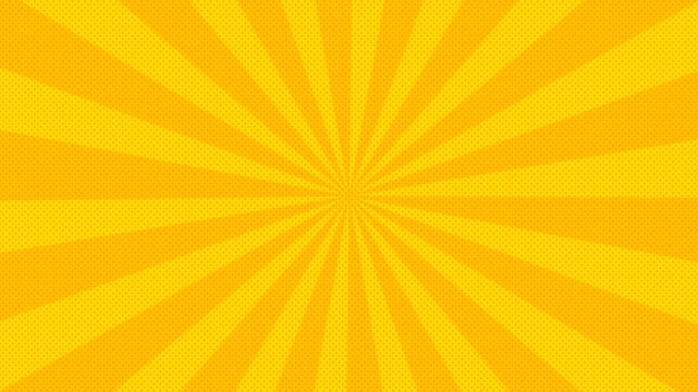 Yellow abstract background with comic sunburst radial rays pattern with halftone texture