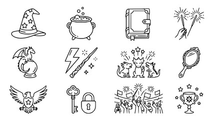 Fototapeta premium Fantasy Magic Icons Set: Wizard Hat, Cauldron, Spellbook, Wand, Dragon, Eagle, Key, Mirror