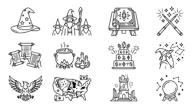 Fantasy Icons Set: Wizard Hat, Magic Potions, Crystal Ball, Spell Book, Eagle, Castle