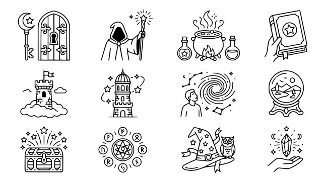 Fantasy Icons: Magic, Mystery, and Adventure Elements - Line Art Collection