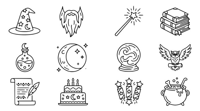 Fantasy Icons Set: Magic Hat, Wand, Owl, Potion, Crystal Ball, Books, Moon, Scroll