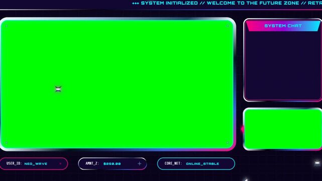 Futuristic Cyberpunk Gaming Overlay with Green Screen Chroma Key for Streamers.