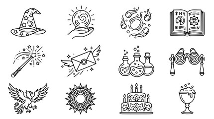 Obraz premium Fantasy Magic Icons Set: Wizard Hat, Crystal Ball, Wand, Phoenix, Spellbook, Potions, Birthday Cake