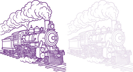 Steam Locomotive Train Illustration with Smoke and Outline Sketch Style American Occassion © Rayhan K.