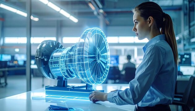 Female scientist analyzing data in modern laboratory.