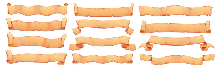 Long manuscript scroll paper. Long parchment ribbons with torn rims, dented corners. Treasure map titles, pirate UI, scrapbook decoration, cartouches, board game title bars © Seavector