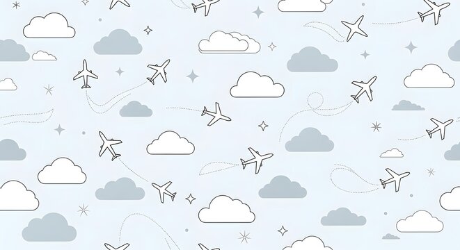 Seamless Pattern of Airplanes and Clouds in a Light Blue Sky.