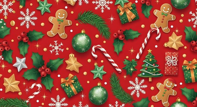 Festive Christmas Holiday Pattern with Ornaments and Gingerbread Cookies.