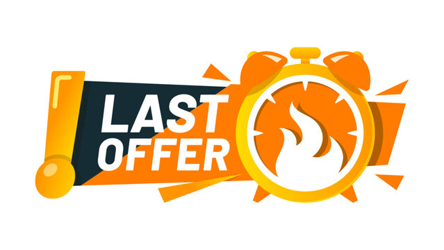 Last time sale, bargain deal offer alarm sticker. Short period price off sticker, final day discount vector badge. Last time sale label or tag with yellow paper cut alarm clock and typography