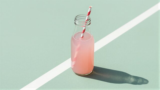 Pink drink in glass bottle with striped straw on green court surface.