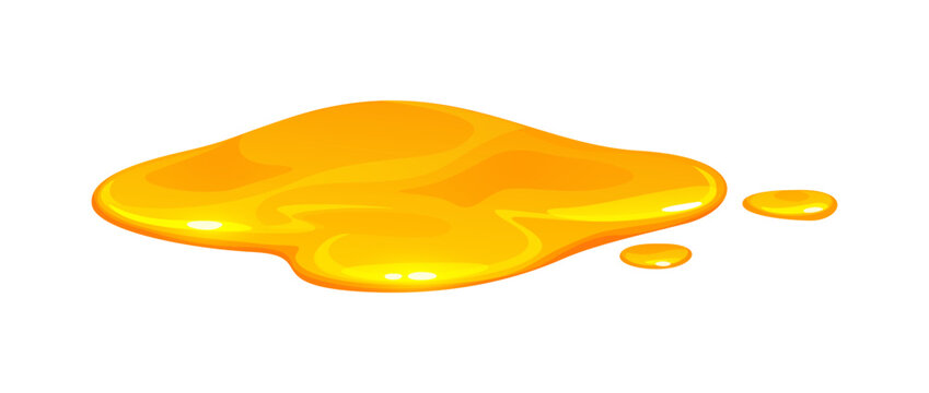 Sweet melt golden honey syrup puddle, smooth melted liquid flowing drip texture. Cartoon vector honey syrup, yellow dessert or oil blob with drops, sticky caramel fluid. Isolated sugar glaze stain