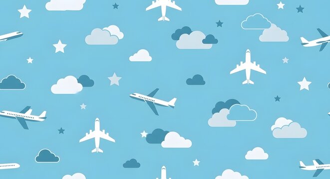 Seamless Pattern with Airplanes and Clouds on Blue Sky Background.