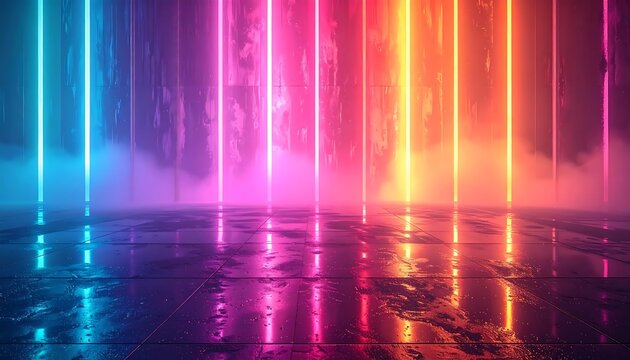 Abstract colorful light beams in dark room.