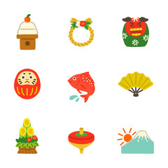 Fototapeta premium お正月 縁起物 アイコンセット 手描き 和風 かわいい イラスト