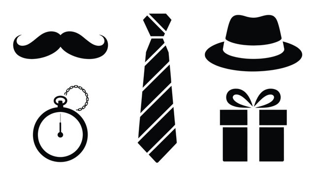 Vintage gentleman accessories collection featuring pocket watch tie mustache and gift box.