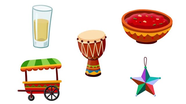 2D Animated Cultural Food and Fiesta Elements with Colorful Details for Celebration Theme