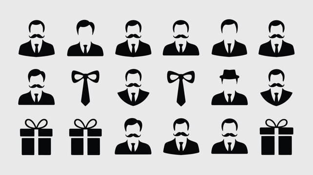 Minimalist male avatar icons with mustache and necktie elements on light gray background.
