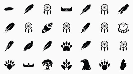 Fototapeta premium Indigenous culture flat icons collection including feathers dreamcatchers and animal paws.
