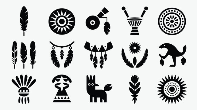 Graphic icons representing native heritage with feathers sun rays and tribal drum motifs.