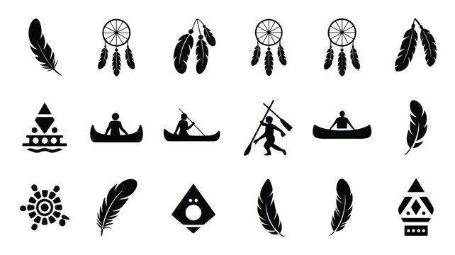 Collection of tribal icons featuring dreamcatchers feathers and canoes for native design.