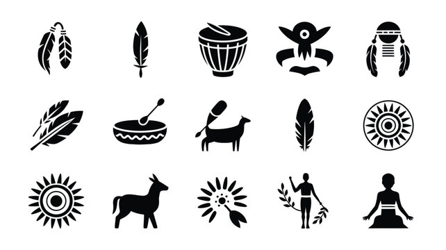 Assorted tribal vector icons featuring animal spirits dancers and ceremonial drums motifs.