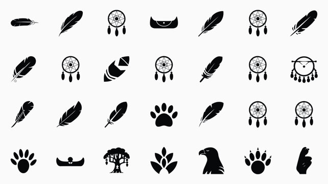 Indigenous culture flat icons collection including feathers dreamcatchers and animal paws.