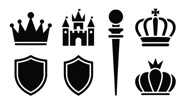 King scepter crown and heraldic shields symbols set vector.