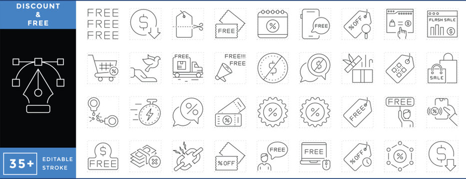 Free and Discount related line icons set. Free, discount, offer, flash sale, money, cashback, and many more. Vector editable stroke.