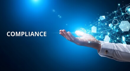 Obraz premium Compliance technology concept hand holding digital network for regulatory adherence