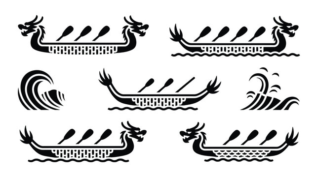 Detailed dragon boat illustrations with rowing crew silhouettes and stylized ocean waves.