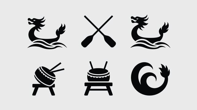 Set of dragon boat festival icons featuring boats, crossed paddles, and a drum on stand.
