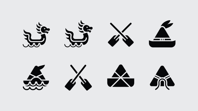 Dragon boat festival symbols including boats paddles and sticky rice dumplings.