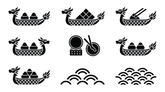 Vector icons of traditional dragon boats with rice dumplings and festive drumming tools.