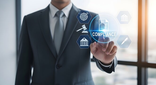 Compliance concept businessman interacting with digital compliance interface