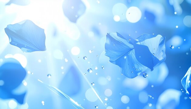 青い花びらと透明な水滴が舞うラグジュアリーな美容背景。潤いと透明感を表現したスキンケア広告イメージ。ジェネレーティブAI