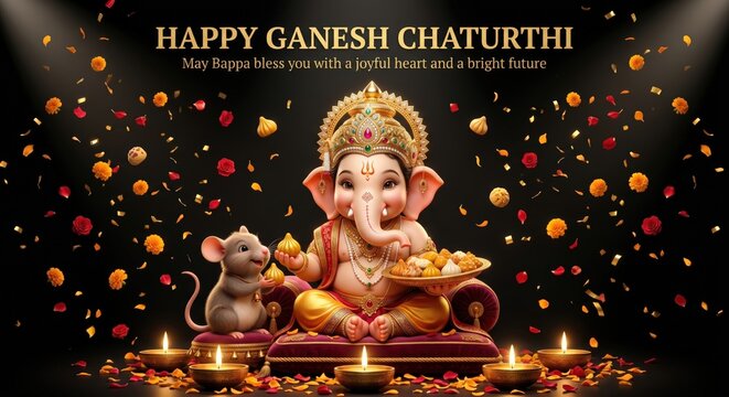 Ganesh chaturthi celebration with lord ganesha sitting on a cushion with a mouse and traditional sweets amidst falling marigold petals and glowing oil lamps against a dark background