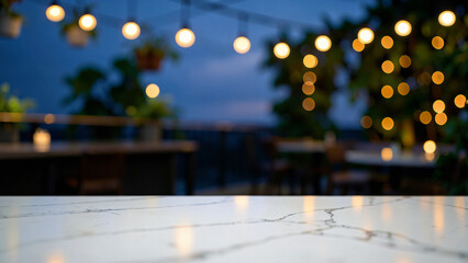 Naklejka premium Polished Calacatta White Marble Countertop on High End Botanical Rooftop Bar with Green Foliage Blur
