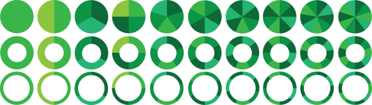 Pie charts diagram set. Pie charts set. Circle pie charts 1,2,3,4,5,6,7,8,9,10,11,12 sections. Wheel round segment infographic part. Circle section graph. Pie charts diagrams.vector