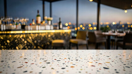 Obraz premium Terrazzo Tabletop With Embedded Marble Flecks on Sophisticated Open Air Rooftop Bar with Backlit Ony