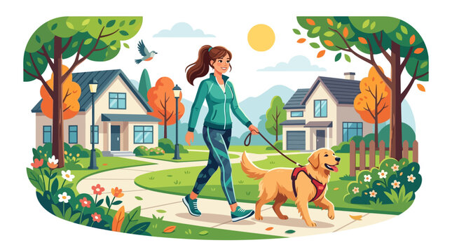 Woman walking on suburban sidewalk in front of a house during autumn
