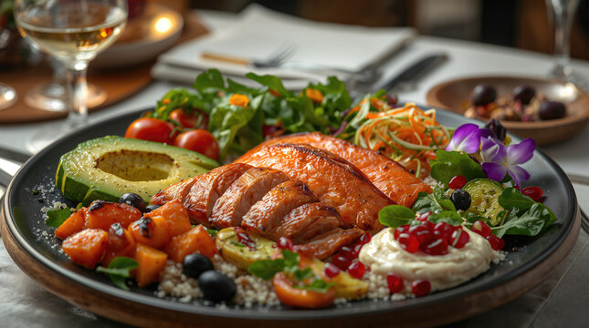 Healthy Mediterranean Salmon Bowl with Avocado, Pomegranate, Fresh Salad and Quinoa in Fine Dining Restaurant