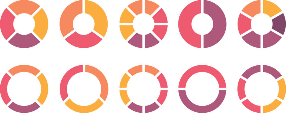 Pie chart set. Colorful diagram collection with 2,3,4,5,6,7,8,9,10 sections or steps. Circle icons for infographic, UI, web design,business presentation.Set of colorful pie chart.Circle section graph.