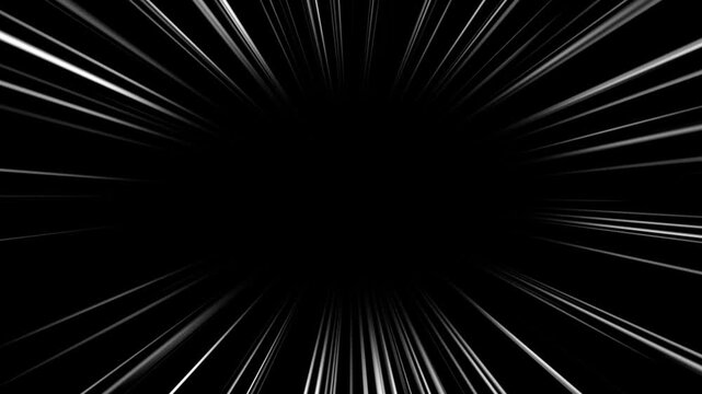 White speed lines isolated on black solid. Abstract zoom anime speed lines overlay animation. 
Radial Comic Light Speed Lines Moving. White speed lines isolated on black background. 