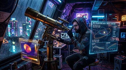Obraz premium Astronomer using high-tech telescope and holographic data screens.